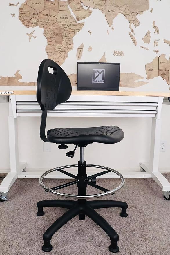 Chair Master Heavy Duty Drafting Stool - Easy to Clean! Ergonomic Polyurethane Chair. Seat Height Adjustable w/Footring for Home, Automotive, Lab, Cleanroom (Glides, Tall Stool).