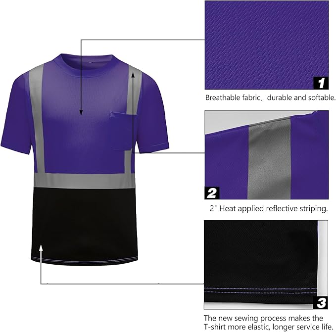 High Visibility Shirts Quick Dry Safety T Shirts with Reflective Strips and Pocket Short Sleeve Mesh Hi Vis Construction Work Class 2 Shirt for Men/Women Black Bottom Purple,Medium