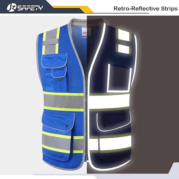 JKSafety 9 Pockets Hi-Vis Safety Vest Breathable Mesh Fabric Cushioned Collar Work Utility PPE Lightweight Industrial Work Gear ANSI/ISEA compliant (101-Blue XL)
