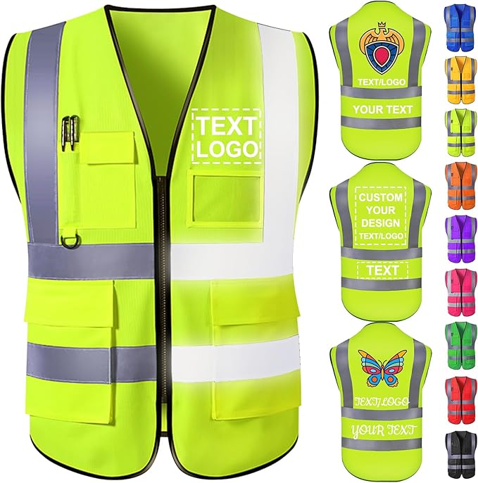Custom Safety Vest with Logo for Men Women Personalized Class 2 High Visibility Reflective Vests with Pockets Zipper(S-5XL)