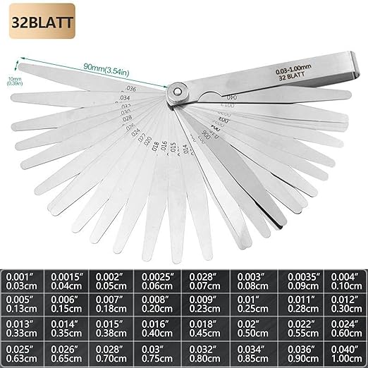 32 Blades Stainless Steel Feeler Gauges Set - Metric & Imperial Measuring Tools for Spark Plug and Valve Gap Adjustment, 0.03-1mm / 0.001-0.040 Inch