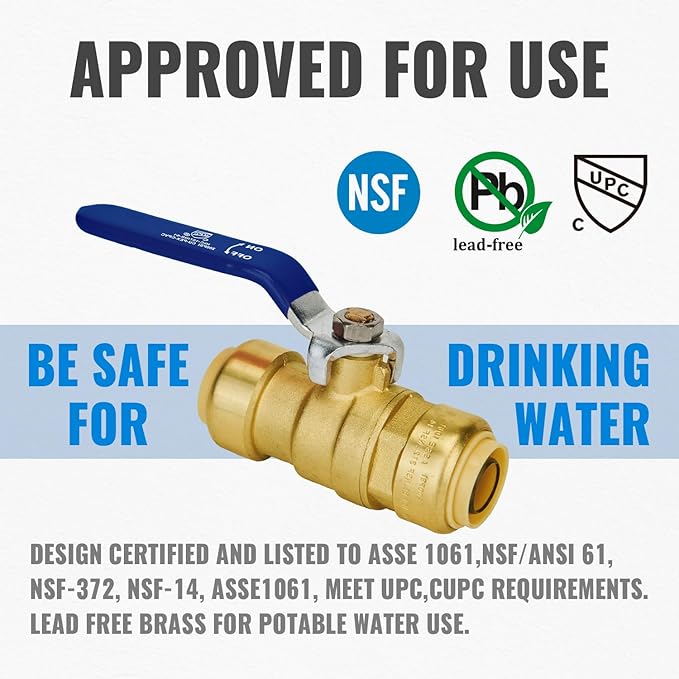 Shut Off Ball Valve 3/4 Inch, SUNGATOR 3/4 Inch Ball Valve, Push-to-Connect Water Shutoff with Blule Handle, No Lead Brass Plumbing Fittings for PEX Pipe, Copper,CPVC, Pack of 2