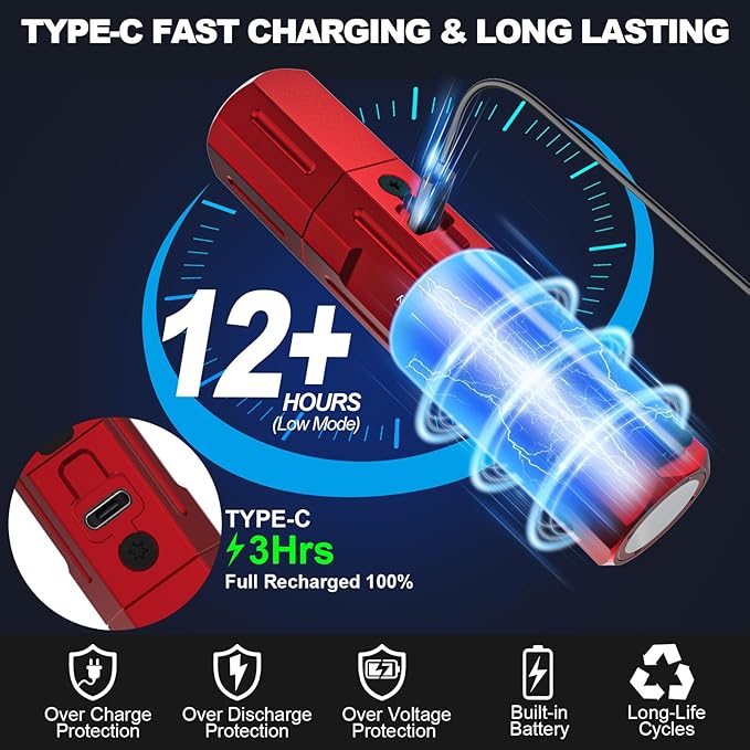 Rechargeable Flashlights High Lumens - Super Bright Small Pocket Magnetic Flashlight, 8 Modes LED Tactical Flash Light, Dual Button Powerful Flashlight for Camping (1, Red)
