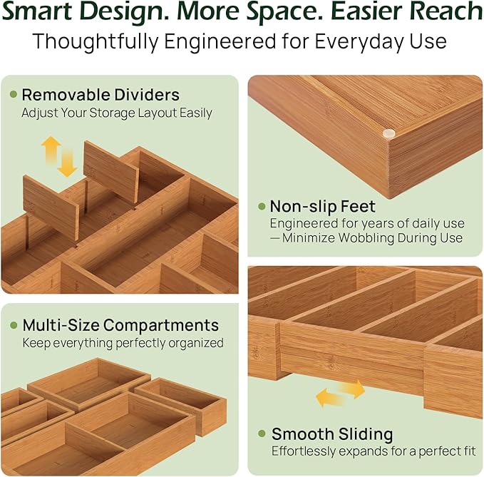 6-Piece Bamboo Drawer Organizer Set, 2.2" Deep | Multi-Use Organizers for Utensils, Silverware, Cutlery, Desk, Bathroom, Junk Drawer & Makeup, Non-Slip Feet Included.