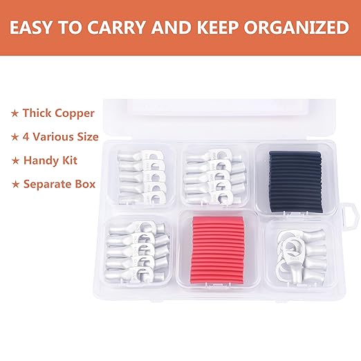 62PCS 6 AWG Tinned Ring Terminal Heat Shrink Tubing Set Copper Wire Lugs 6 Gauge 5/16", 3/8", 1/4", 1/2", 30Pcs Battery Cable Ends and 32PCS Heat Shrink Tubing