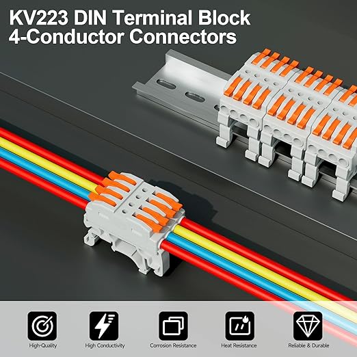 5Pcs DIN Terminal Blocks, 4 Conductor Compact Wire Conductor Splicing Connectors, KV223 Lever Wire Connectors for AWG 28-12, 600V 32A