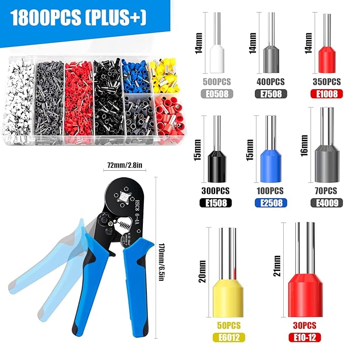 LUNEY Ferrule Crimping Tool Kit with 1800PCS Wire Ferrules Kit Wire End Terminals & Crimper Plier, Self-adjustable Ratchet Tool Set for AWG 23-7 Cable connectors, 0.25-10mm² (1800PCS PLUS)