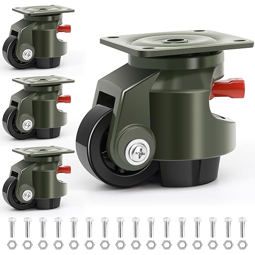 Leveling Casters Set of 4, Workbench Casters with Ratchet Arm, 3300 LBS, Green Heavy Duty Retractable Leveling Machine Casters, Nylon Wheels & Leveling Feet, Suitable for Shelves and Workbenches