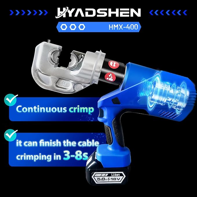 Electric Hydraulic Cable Lug Crimper Pliers Rechargeable Crimping Tool 12 Ton Electrical Terminal Cable Wire Fiber Crimper Kit with 12 Dies (HMX-400)