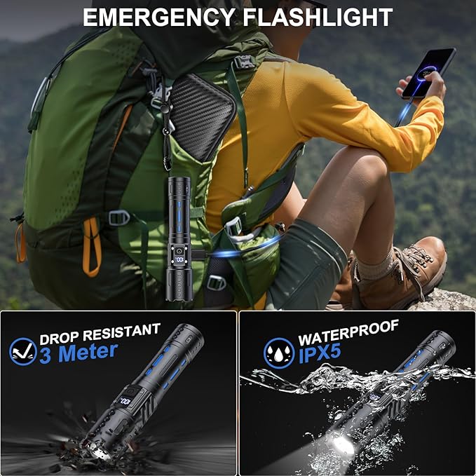 Flashlights High Lumens Rechargeable - Super Bright Tactical LED Flash Light, Dimmable&Memory Function Powerful Waterproof Flashlight for Camping,6 Modes,Zoomable,LCD Display (2, Black)