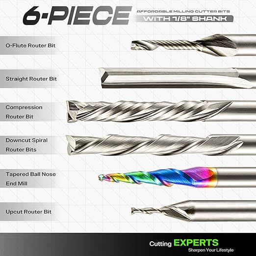 6Pcs CNC Router Bits End Mill, 1/8 Shank CNC Cutter Milling Machine Bit Set Including Downcut and Upcut, Router Accessories for Wood, Plastic and Carving