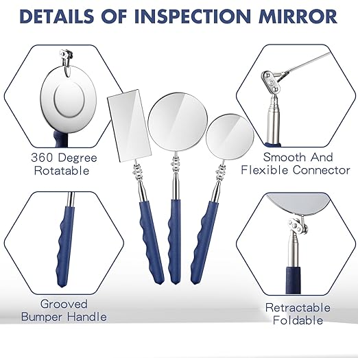 3 Pieces Telescoping Inspection Mirror Stainless Steel Extendable Mechanic Mirror with Long Handle Tool for Technicians Mechanics Contractors(50/85/50 mm,Square,Round,Round)