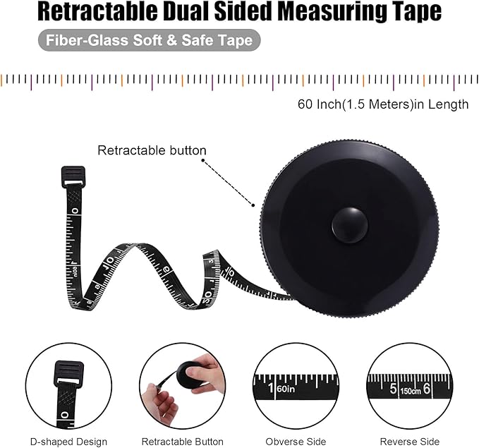Tape Measure Body Measuring Tape, Retractable 60 Inch Soft Mini Measuring Tape, Small Sewing Fabric Tape Ruler for Cloth Waist Medical Nursing Craft(3 Pack/Black)