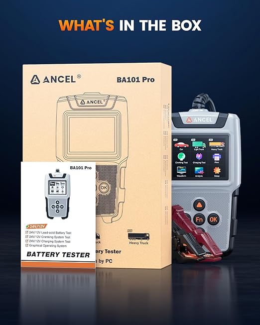 ANCEL BA101 PRO Battery Tester 12V&24V with Color Display, Cranking & Charging System Automotive Battery Load Analyzer for Car, Truck, SUV, RV, Boat, Heavy Duty Vehicles