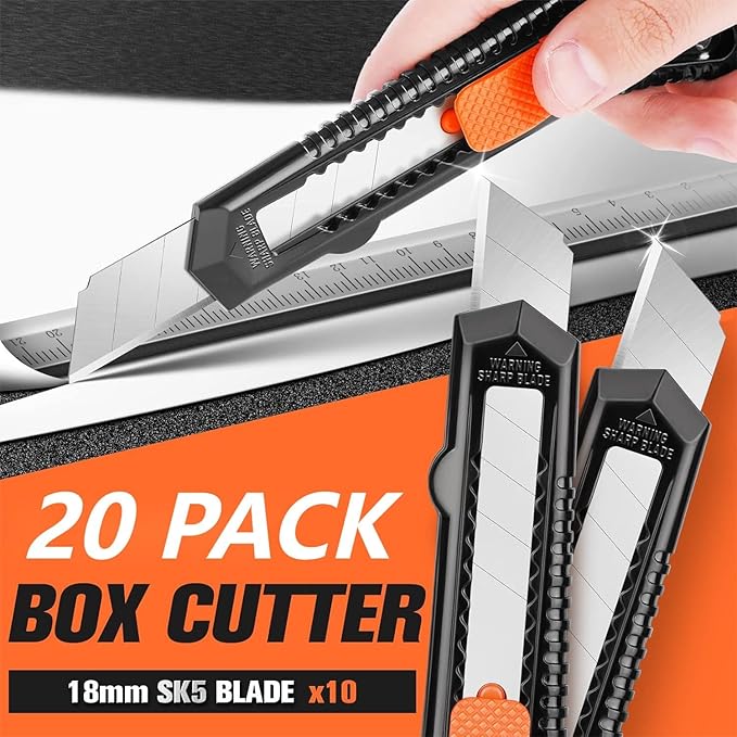 20 Pack Utility Knife, Box Cutter Retractable, Box Knife for Cartons, Cardboard, and Boxes, Box Opener with 10 Pieces 18mm Snap-off Blade, Razor Knife for Office and Home Use, Box Cutters