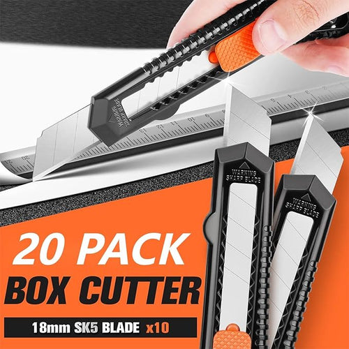 20 Pack Utility Knife, Box Cutter Retractable, Box Knife for Cartons, Cardboard, and Boxes, Box Opener with 10 Pieces 18mm Snap-off Blade, Razor Knife for Office and Home Use, Box Cutters