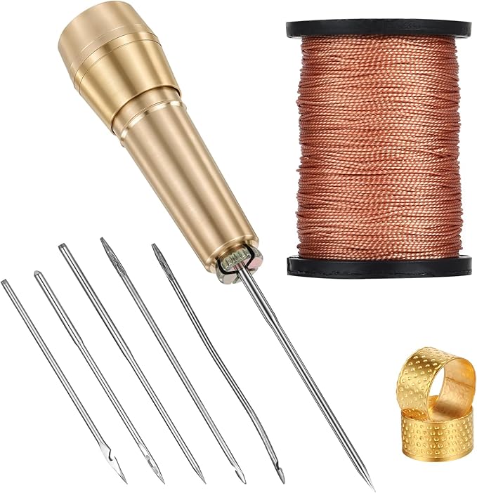 9pcs Canvas Leather Sewing Awl Needle with Copper Handle 45m Nylon Waxed Thread Cord with Thimble Assortment Kit Leather Sewing Tools for Canvas Shoe and Repair