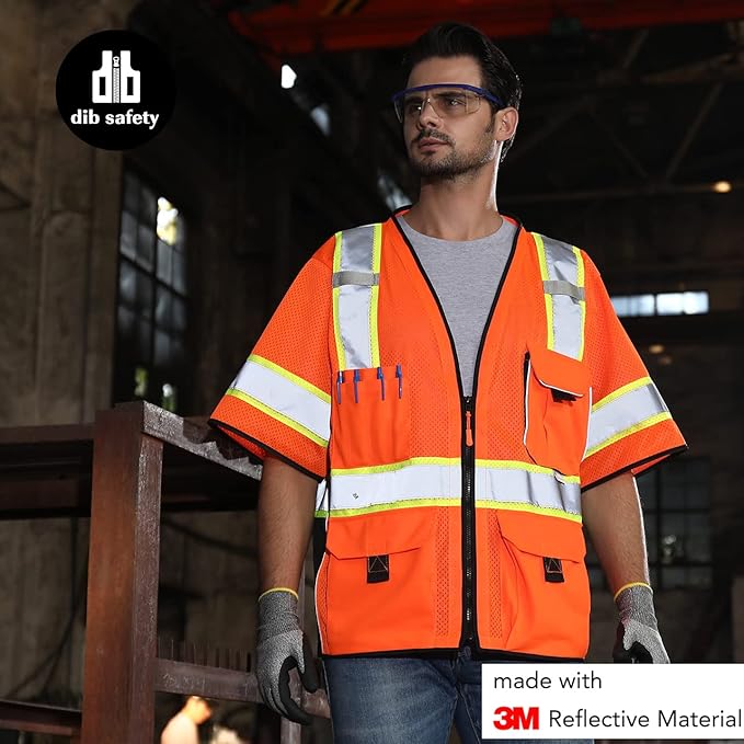 Dib Safety Reflective Mesh Vest ANSI Class 3, High Visibility with Pockets and Zipper, Made with 3M Reflective Tape, Orange 2XL