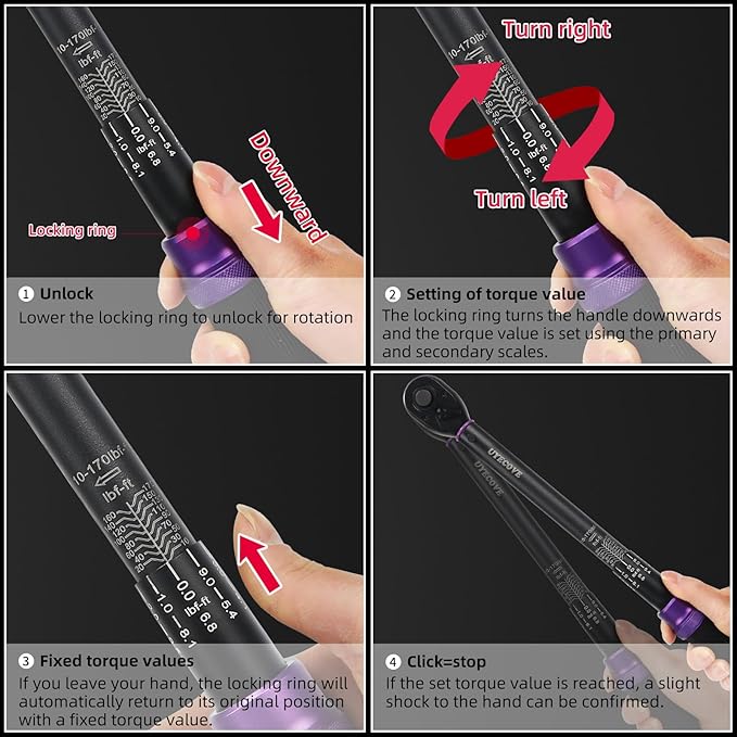 1/2-Inch Drive Click Torque Wrench Set, With Deep Socket, Adaptor, Extension Bar, Dual-Direction Adjustable Reversible Click, Dual Range Scales 10-170FT.LB and 13.6-230.5N.M