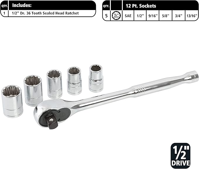GreatNeck HC82U 82-Piece Mechanic's Tool Set – SAE & Metric, 1/4", 3/8", 1/2" Drive Socket Set, Chrome Vanadium, Posi-Grip No-Slip™, Reversible Ratchets, Storage Case Included
