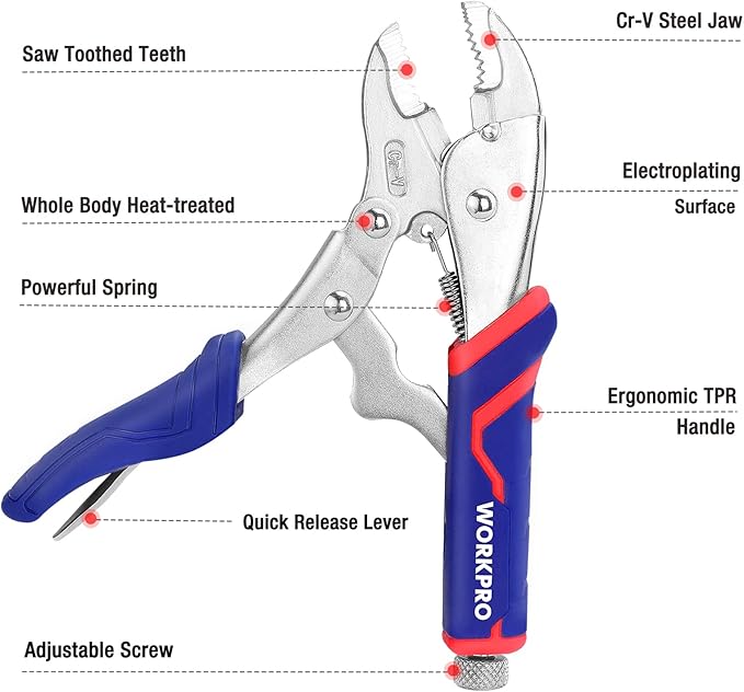 WORKPRO 2-Piece Locking Pliers Set, CR-V Steel Locking Pliers, 7 Inch Curved Jaw and 6-1/2 Inch Long Nose, Quick Release, Fit for Clamping, Twisting, Welding