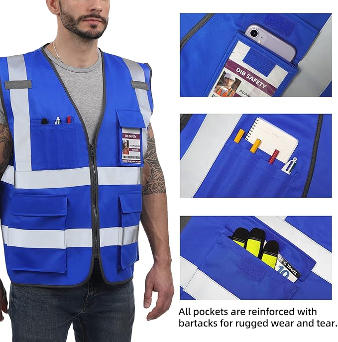 Dib Safety Reflective Vest High Visibility with Pockets and Zipper, Blue L