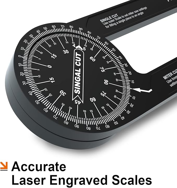 Mecurate Aluminum Miter Saw Protractor, 7.3-Inch Angle Finder Featuring Precision Laser Engraved Scales Woodworking Lightning Measure Tool with 360 Degree Rotation Function for Carpenters