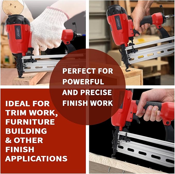 Pnumatic Finish Nailer,16Gauge nail Gun Acepts 3/4 Inch up to 2-1/2 Inch finish Nails.Brad Nailer Gun Can Hit Hardwood Ideal for Upholstery (Include 6m Air tube,1*Nail puller & Portable Bag)