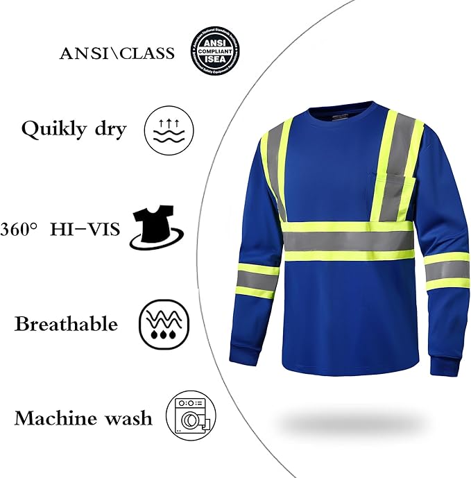 Hi Vis Safety Long Sleeve Shirts，High Visibility Class 3 T Shirts with Reflective Strips and Pocket, Quick Dry Mesh Construction Work Shirt for Men/Women (Blue,Small)