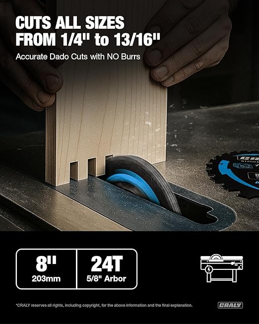 CRALY 8 Inch Carbide Stacked Dado Blade Set, 24 Teeth with 5/8 Inch Arbor, Black Ice Coating, Adjustable Cutting Sizes for Wood Cutting Table Saw(DADO203-7)