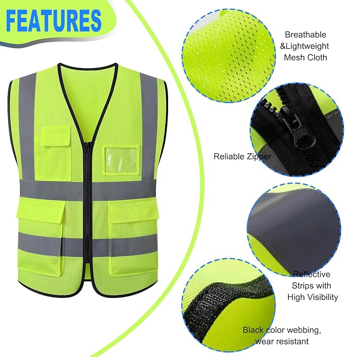Reflective Safety Vest Bulk Construction Worker Costume Utility High Visibility Vest with Pocket,for Men Women-L size