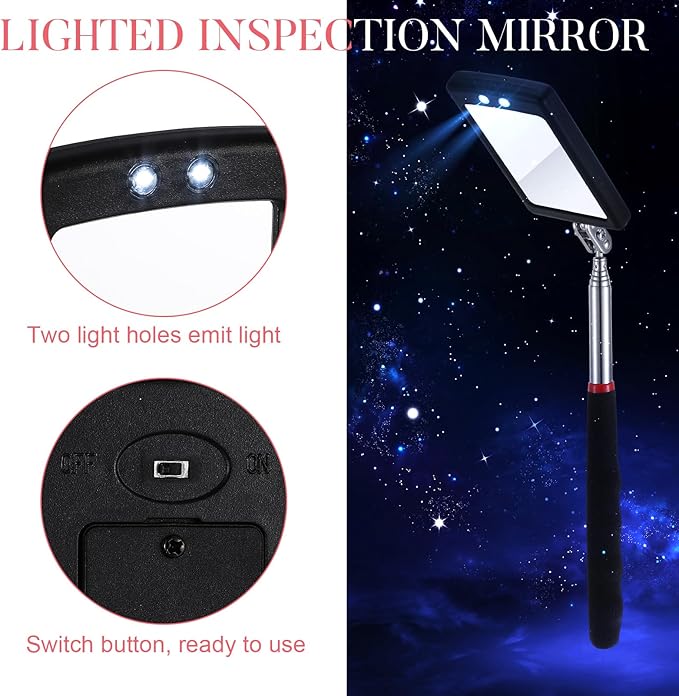 6 Pcs LED Telescoping Inspection Mirror,Retractable LED Mechanical Mirror Tool,Under Vehicle Inspection Mirror,Car Visual Reflector,Retractable Under Vehicle Detection Mirror Repair Tool