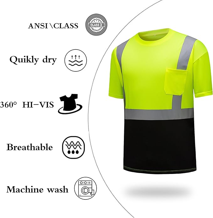 High Visibility Shirts Quick Dry Safety T Shirts with Reflective Strips and Pocket Short Sleeve Mesh Hi Vis Construction Work Class 2 Shirt for Men/Women Black Bottom Lime,XL