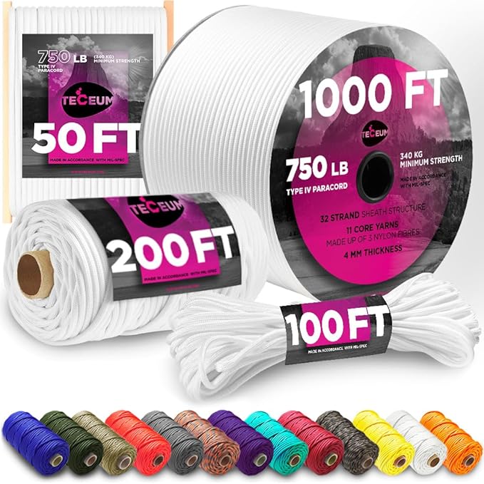 TECEUM 5/32" Paracord Rope 1000 – 1000ft / 200ft / 100ft / 50ft – Tactical Parachute Cord 4mm – 45+ Colors – Nylon String for Survival & Camping Gear – Stripe Cord for Survival – Utility Rope