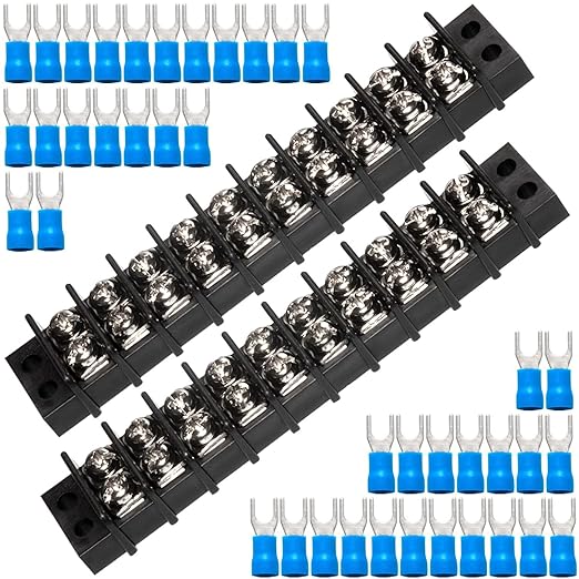 MILAPEAK Terminal Block - 2 Pack 10 Positions 200v-450v 20-30A Dual Row Screw Terminals Strip + 40 PCS Copper Wire Fork Connectors
