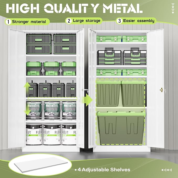 SUNCROWN 72" Metal Storage Cabinet - Heavy-Duty Metal Garage Cabinet with 4 Adjustable Shelves & 2 Doors for Tools, Office, Home, Workshop,White-Small