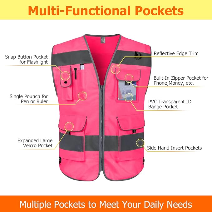 TCCFCCT Pink Safety Vest for Men Women 9 Pockets High Visibility Reflective Vest for Safety, Work Vest with Reflective Strips, Meets ANSI/ISEA Standards, Large