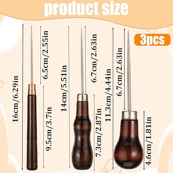 3 Pcs Awl Tool Set Scratch Awl Tool with Wooden Handle Gourd Piercing Bradawl Needle Tools Shape Pin Punching for Leather Punch Hole Craft Repair Shoes (Reddish Brown)