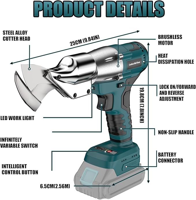 Cordless Sheet Metal Shear Compatible With Ma-kita18V Battery, Brushless Electric Metal Scissors Cutting Thickness 18GA Metal, Iron 360 Degree Pivoting Head, Only Tool (Blue for Makita)