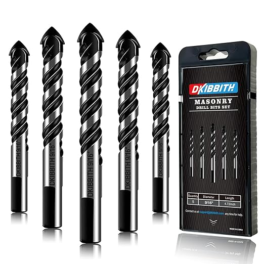 5-Piece 9/16“ Masonry Drill Bits for Tile Glass Ceramic Wall Brick Stone Soft-Metal Wood,9/16 Inch Concrete Drill Bits Cement Drill Bit Set, 3-Flat Shank, YG8 Carbide Tungsten Steel Alloy Tip 14mm