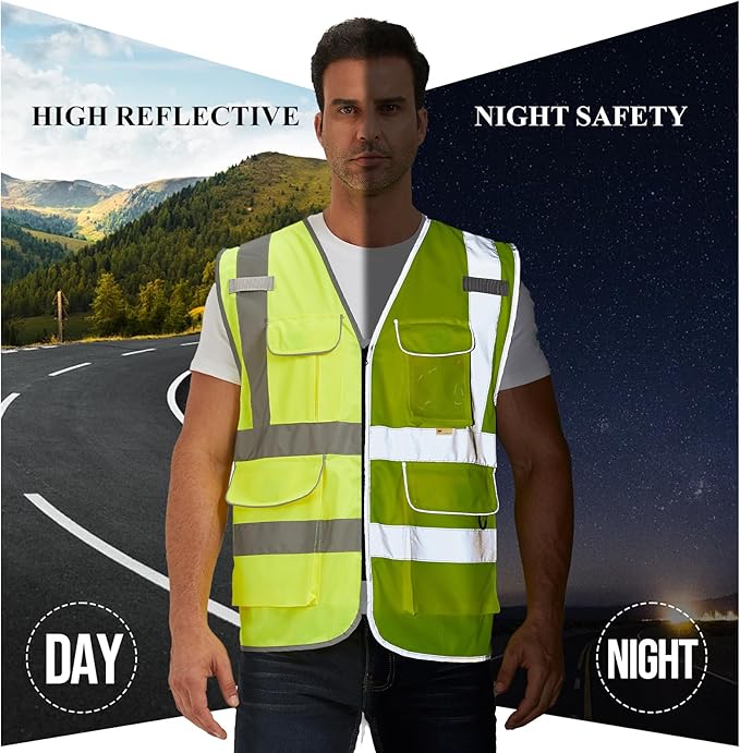 SIFE Reflective Safety Vest High Visibility Vest With 7 Pockets And YKK Zipper, ANSI/ISEA Class 2 Standard, Made With 3M Reflective Tape(03Y-Yellow,L)