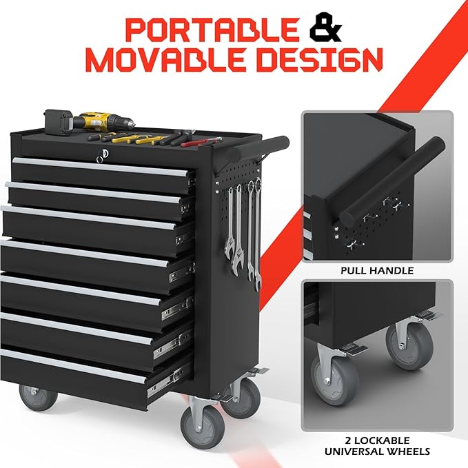 7-Drawer Rolling Tool Chest,Metal Rolling Tool Chest with Wheels and Locking Tool Box,Portable Metal Tool Box for Warehouse,Garage, Repair Shop, Workshop (Black, 7-Drawer)