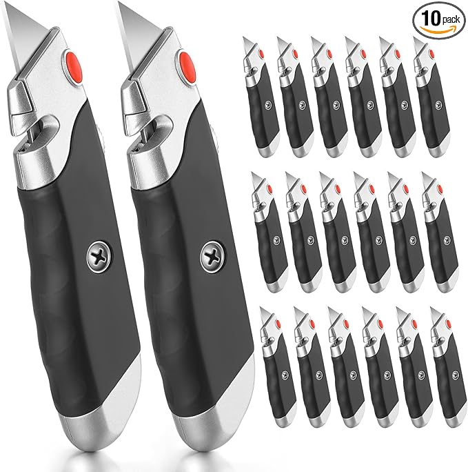 DIYSELF 10Pack Box Cutter, Rubber Handle Utility Knife, Retractable Heavy Duty, Razor Knife for Warehouse, Office, Shop