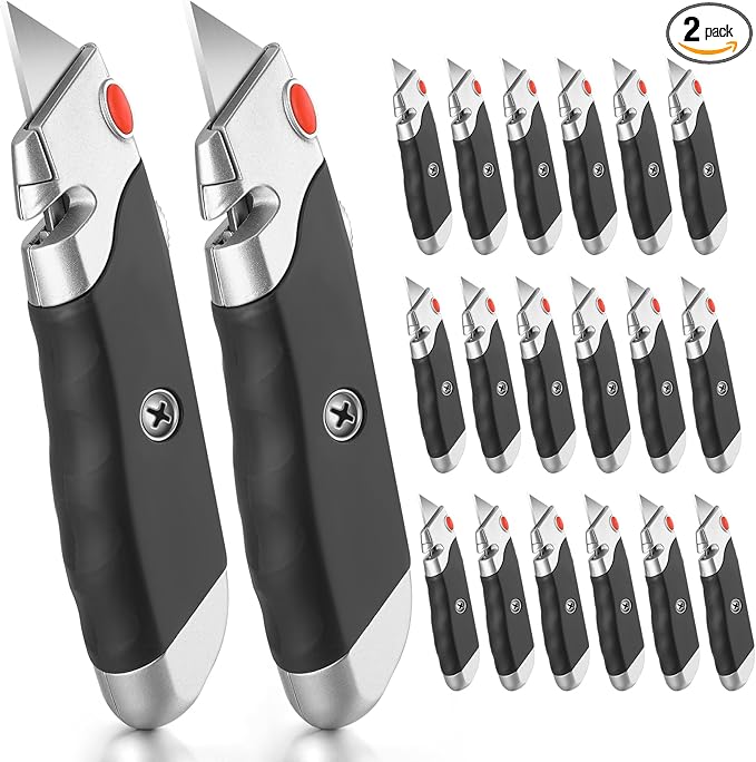 DIYSELF Premium Utility Knife, Retractable Box Cutter, Heavy Duty Razor Knife Set with Rubber Grip for Cutting Boxes, Cardboard, and Packaging (2-Pack)