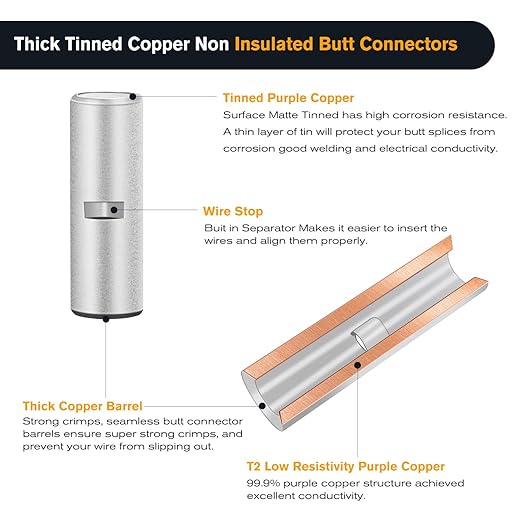 Nilight 100PCS Non Insulated Butt Connectors Kit AWG 24-8 Uninsulated Crimp Butt Connectors Pure Copper Tin Coated Crimp Terminals for Motorcycle Motorbike Car Truck Boats