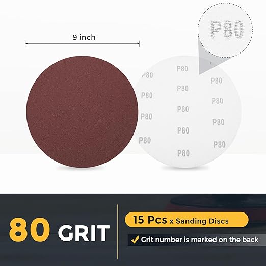 HARFINGTON 15 Pcs 9 Inch Sanding Disc 80 Grit Hook and Loop Sandpaper Random Orbital Sander Pads for Woodworking Automotive Metal Polishing