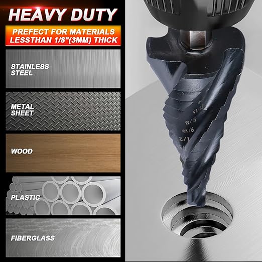 M35 Cobalt Step Drill Bit,Four Spiral Flute Step Drill Bit 3/16"-7/8" （12 Sizes ） Wear-Resistant TiAlN Coated,1/4" Hex Shank Drill for Metal, Stainless Steel, Aluminum, Plastic