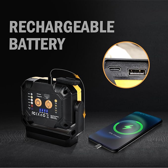 Magnetic Work Light, 1200LM COB LED Rechargeable Work Light with 15 Lighting Modes, 360°Rotatable Flood Lights for Car Repairing, Job Site Lighting Emergency Outdoor Camping Hiking