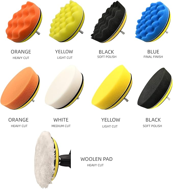 10Pcs 3Inch Face Backing Plate Compound Buffing Polishing Sponge Pads Waffle Foam Buffing Polishing Pads Kit with Woolen Cutting Pad and 3Inch Backing Plate M10 Drill Adapter