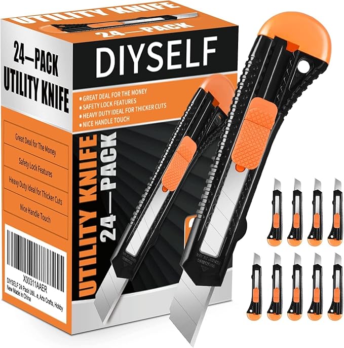 DIYSELF 24 Pack Utility Knife, Box Cutters, 18mm Utility Knives for School, Warehouse, Office, Box Cutter Retractable for Packages, Paper, Leather, Foam, Durable Razor Knife, Box Opener, Paper Knife